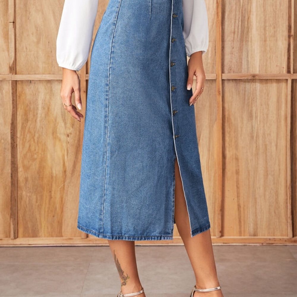 SHEIN  Slit Front Button Up Denim Skirt small - Picture 6 of 6
